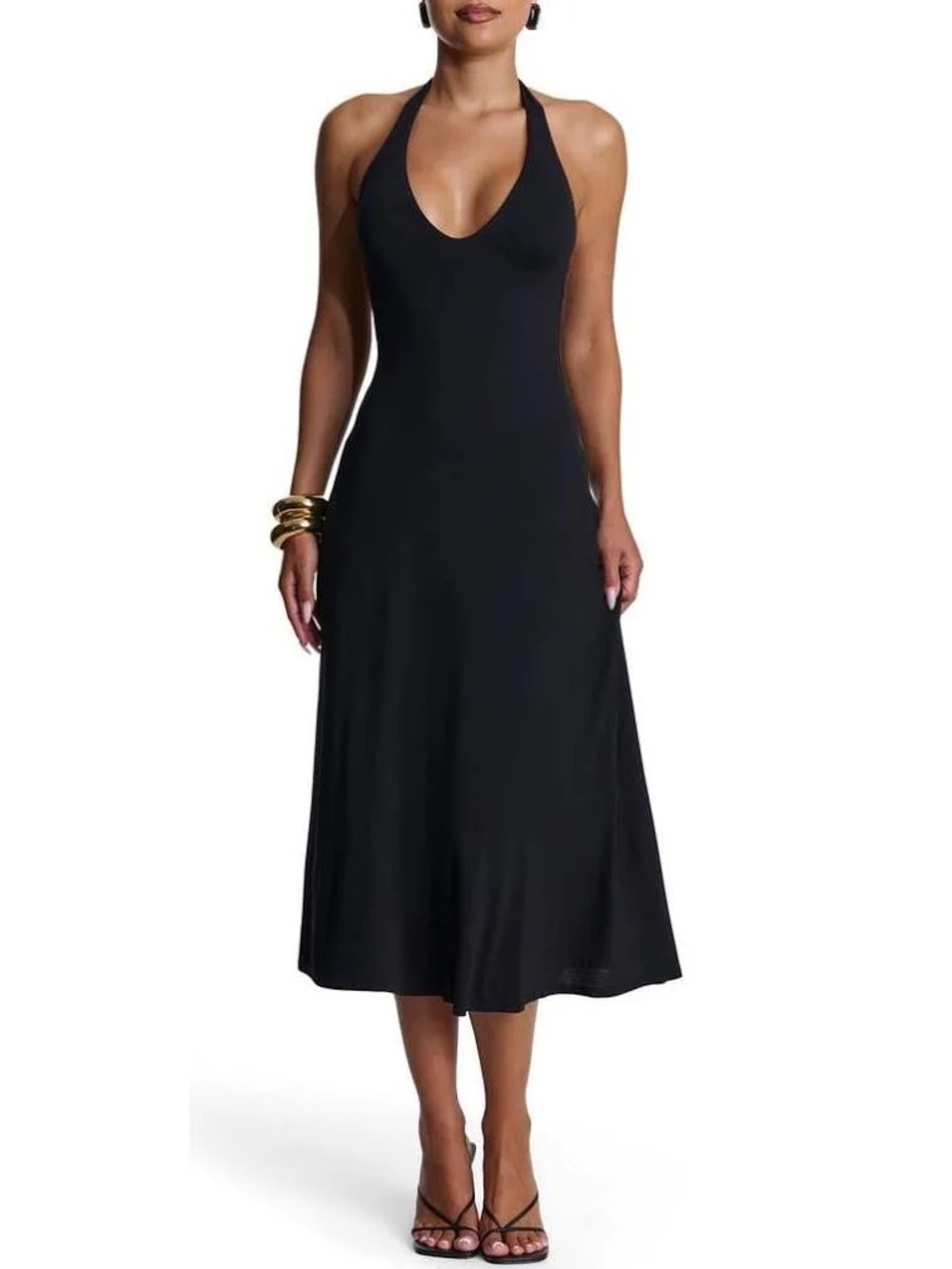 SMOOTH HALTER A-LINE MIDI DRESS - BLACK / S